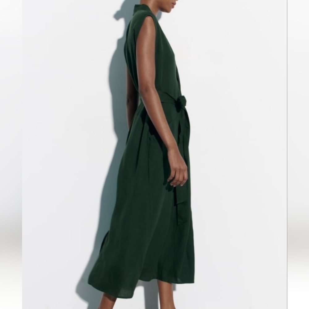 ZARA Belted Midi Linen Blend Dress Sz-XL - Picture 3 of 12